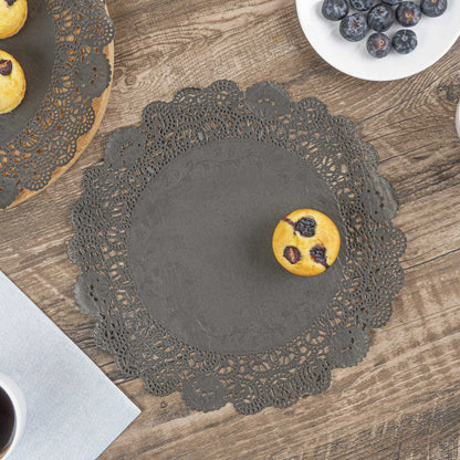 Pastry Tek Round Black Paper Doilies - Lace - 12" x 12" - 100 count box