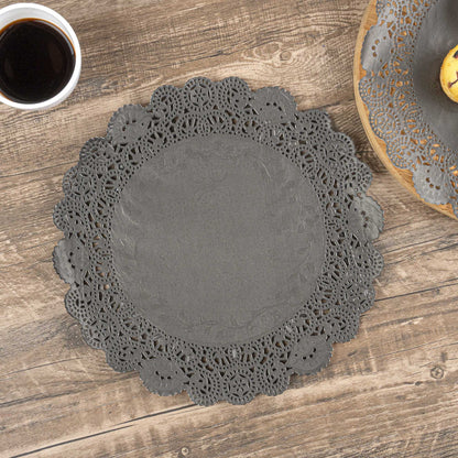Pastry Tek Round Black Paper Doilies - Lace - 12" x 12" - 100 count box