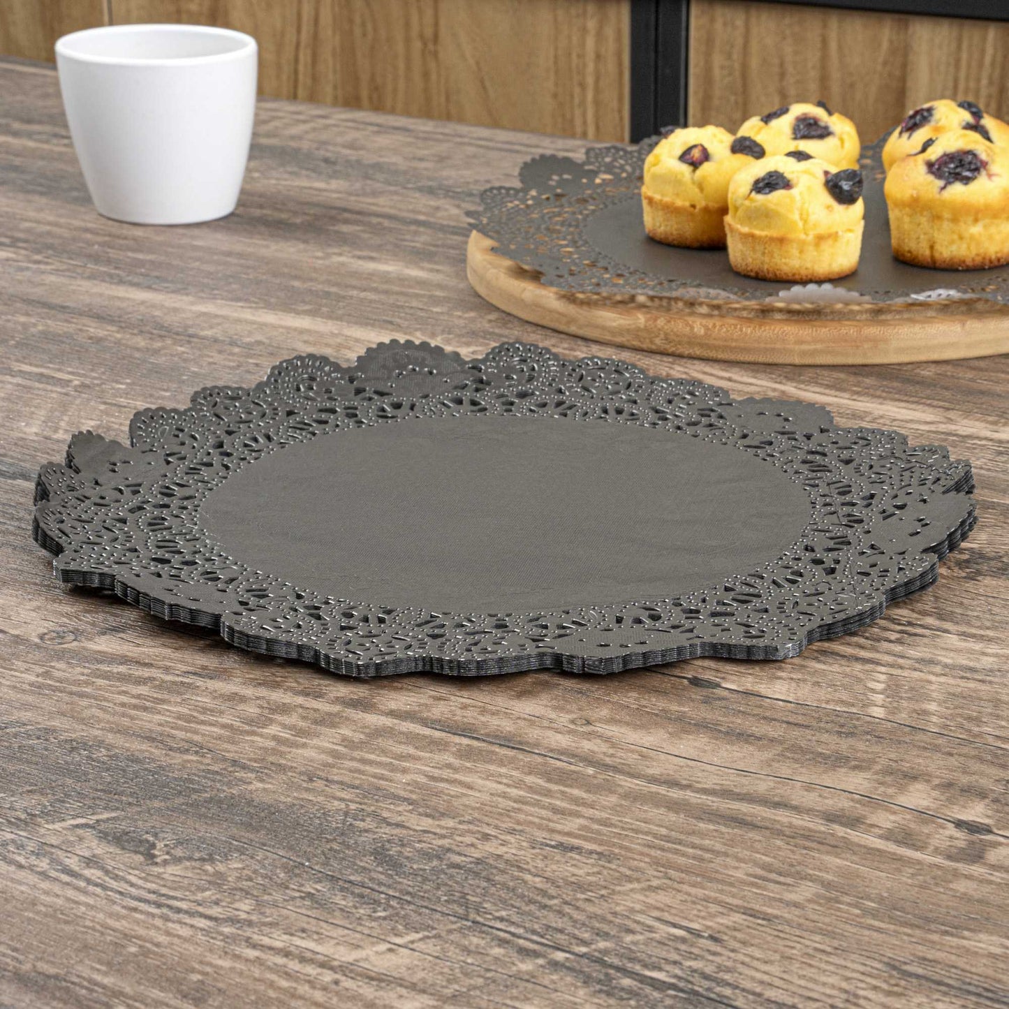 Pastry Tek Round Black Paper Doilies - Lace - 12" x 12" - 100 count box