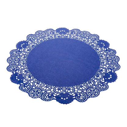 Pastry Tek Round Navy Blue Paper Doilies - Lace - 12" x 12" - 100 count box