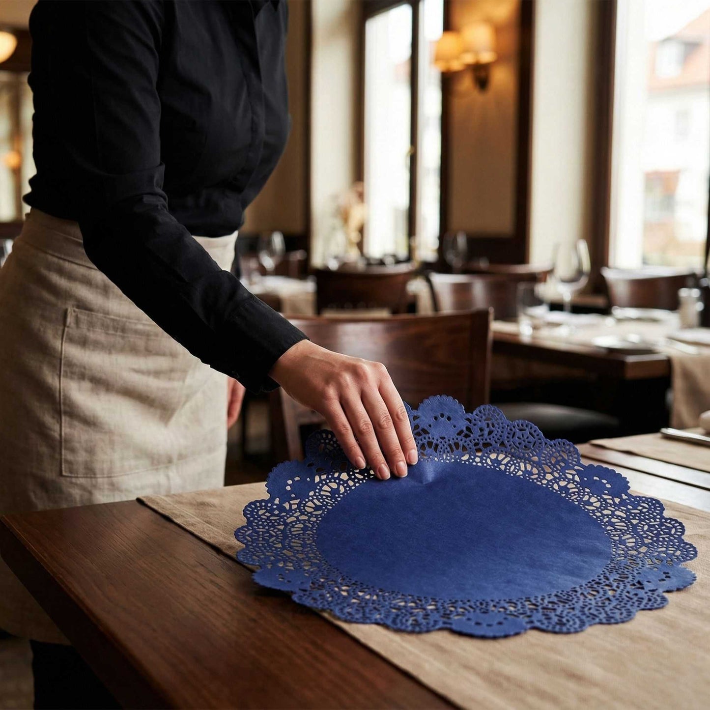 Pastry Tek Round Navy Blue Paper Doilies - Lace - 12" x 12" - 100 count box