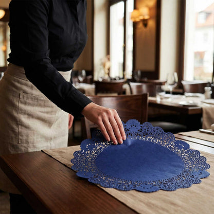 Pastry Tek Round Navy Blue Paper Doilies - Lace - 12" x 12" - 100 count box
