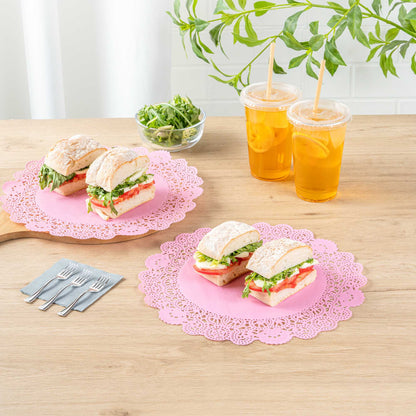 Pastry Tek Round Pink Paper Doilies - Lace - 12" x 12" - 100 count box
