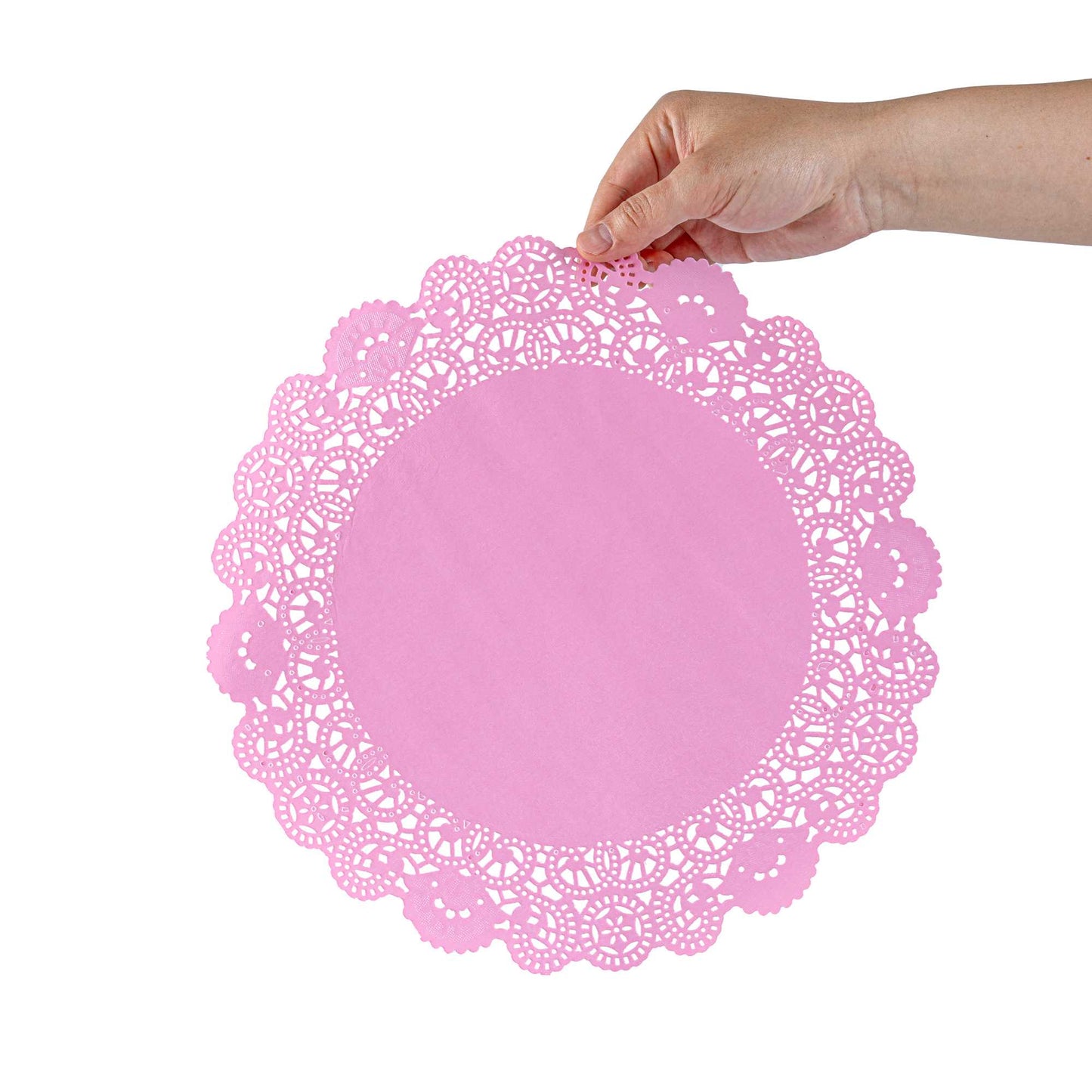 Pastry Tek Round Pink Paper Doilies - Lace - 12" x 12" - 100 count box