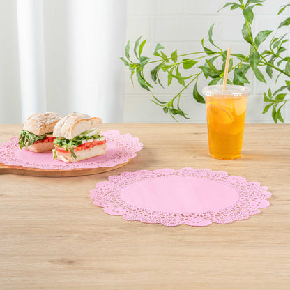 Pastry Tek Round Pink Paper Doilies - Lace - 12" x 12" - 100 count box