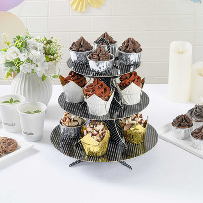 Pastry Tek Black Cardboard Cupcake Stand - 3-Tier, White Polka Dots - 13 1/2" x 13 1/2" x 14" - 1 count box