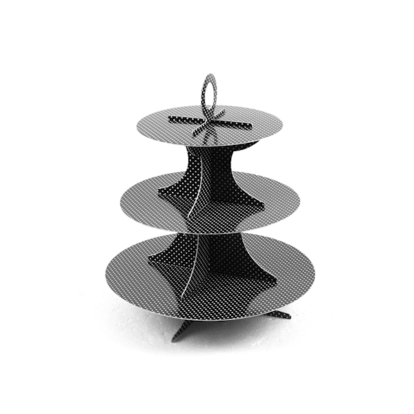Pastry Tek Black Cardboard Cupcake Stand - 3-Tier, White Polka Dots - 13 1/2" x 13 1/2" x 14" - 1 count box