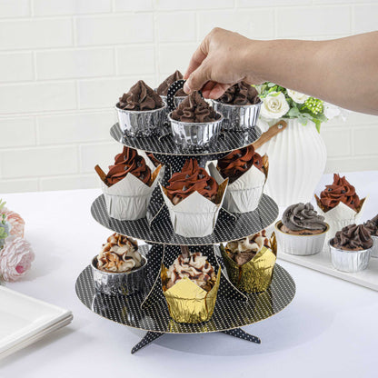 Pastry Tek Black Cardboard Cupcake Stand - 3-Tier, White Polka Dots - 13 1/2" x 13 1/2" x 14" - 1 count box