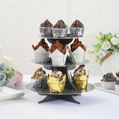 Pastry Tek Black Cardboard Cupcake Stand - 3-Tier, White Polka Dots - 13 1/2" x 13 1/2" x 14" - 1 count box