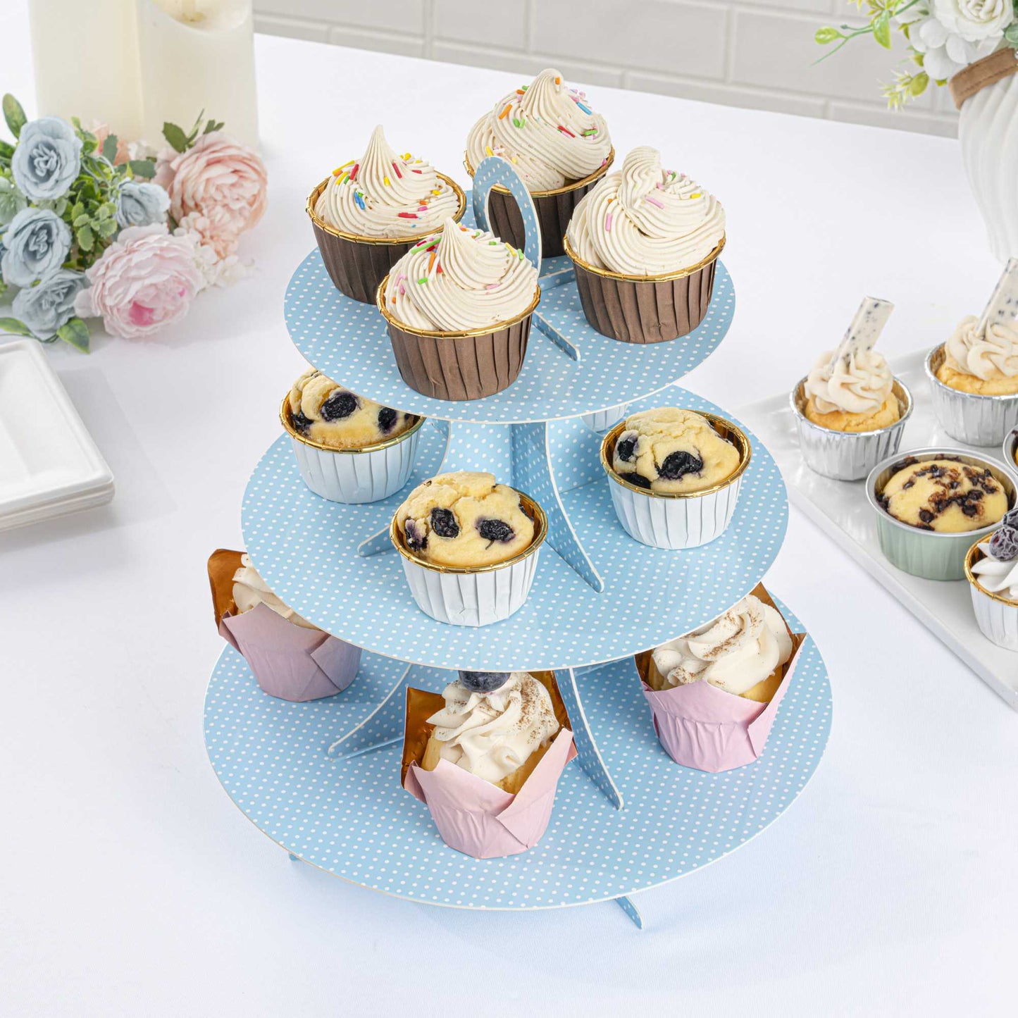 Pastry Tek Turquoise Cardboard Cupcake Stand - 3-Tier, White Polka Dots - 13 1/2" x 13 1/2" x 14" - 1 count box