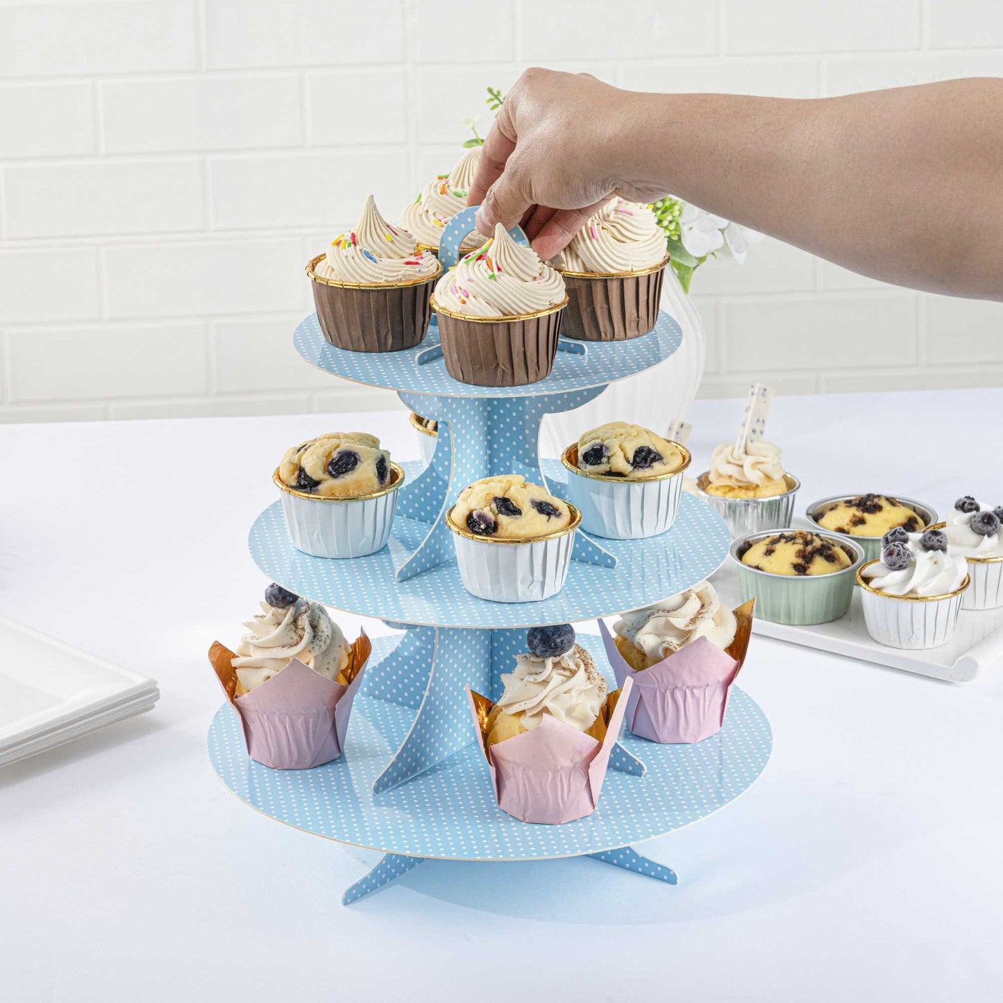 Pastry Tek Turquoise Cardboard Cupcake Stand - 3-Tier, White Polka Dots - 13 1/2" x 13 1/2" x 14" - 1 count box