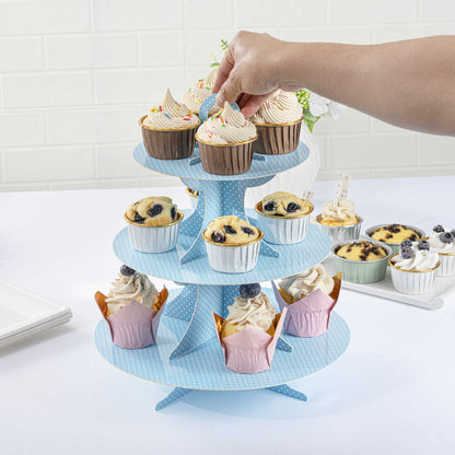 Pastry Tek Turquoise Cardboard Cupcake Stand - 3-Tier, White Polka Dots - 13 1/2" x 13 1/2" x 14" - 1 count box