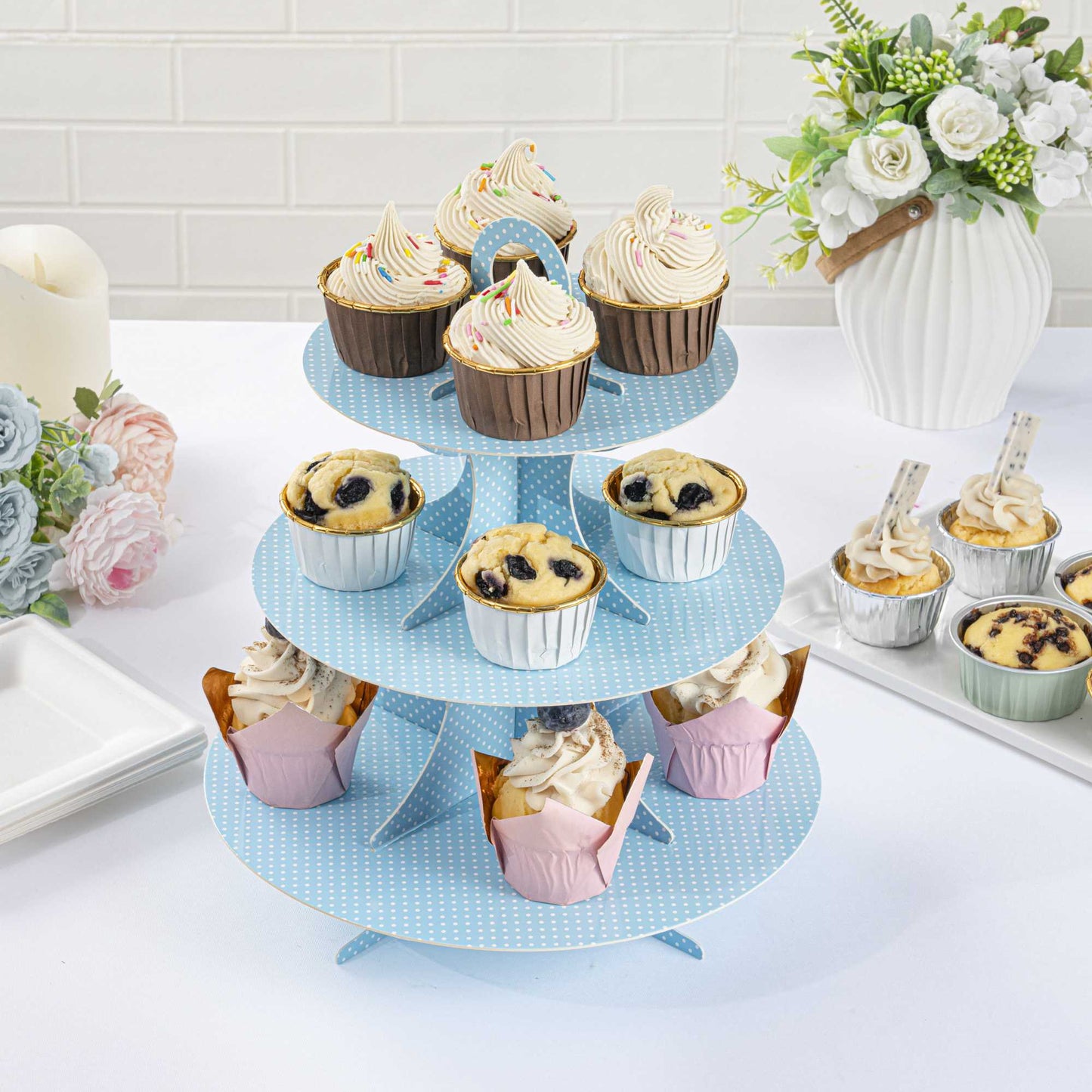 Pastry Tek Turquoise Cardboard Cupcake Stand - 3-Tier, White Polka Dots - 13 1/2" x 13 1/2" x 14" - 1 count box