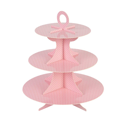 Pastry Tek Pink Cardboard Cupcake Stand - 3-Tier, White Polka Dots - 13 1/2" x 13 1/2" x 14" - 1 count box