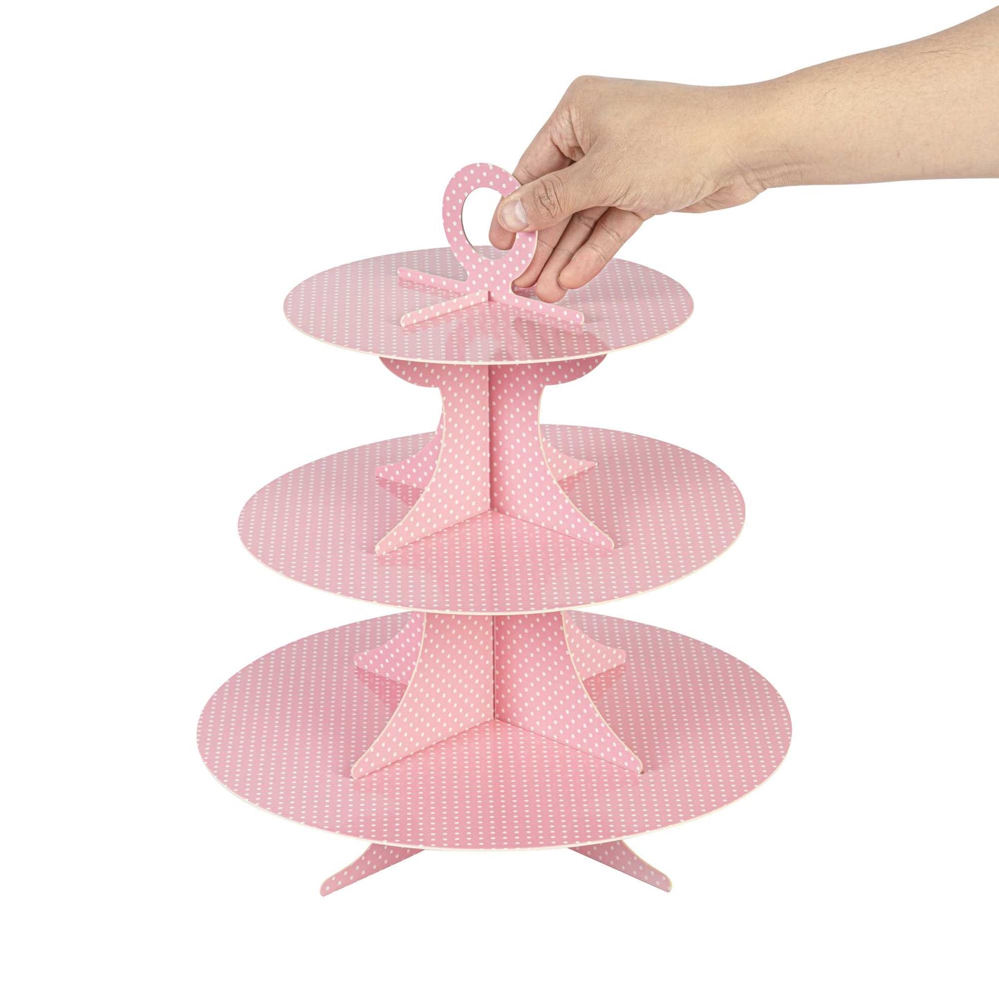 Pastry Tek Pink Cardboard Cupcake Stand - 3-Tier, White Polka Dots - 13 1/2" x 13 1/2" x 14" - 1 count box