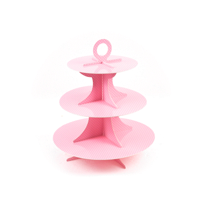 Pastry Tek Pink Cardboard Cupcake Stand - 3-Tier, White Polka Dots - 13 1/2" x 13 1/2" x 14" - 1 count box