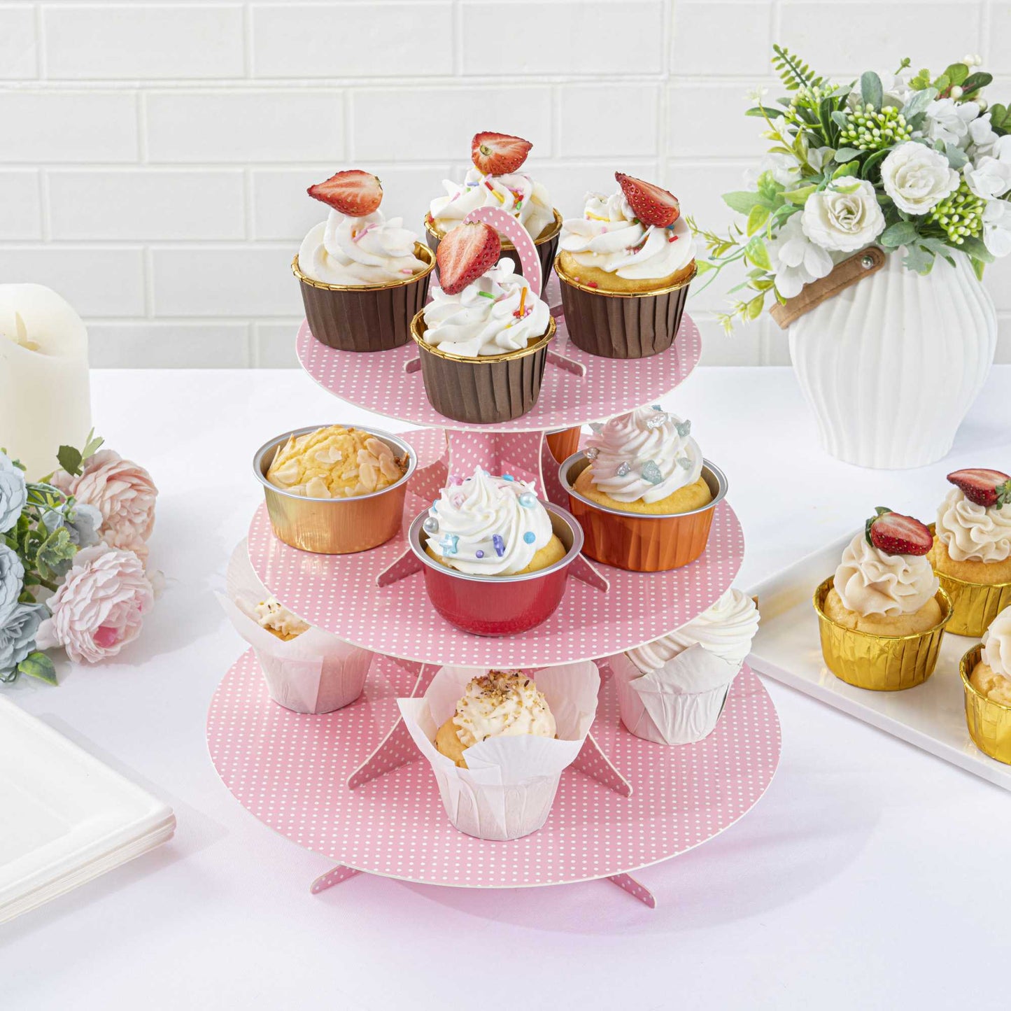 Pastry Tek Pink Cardboard Cupcake Stand - 3-Tier, White Polka Dots - 13 1/2" x 13 1/2" x 14" - 1 count box