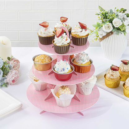 Pastry Tek Pink Cardboard Cupcake Stand - 3-Tier, White Polka Dots - 13 1/2" x 13 1/2" x 14" - 1 count box