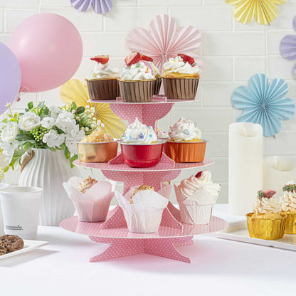 Pastry Tek Pink Cardboard Cupcake Stand - 3-Tier, White Polka Dots - 13 1/2" x 13 1/2" x 14" - 1 count box