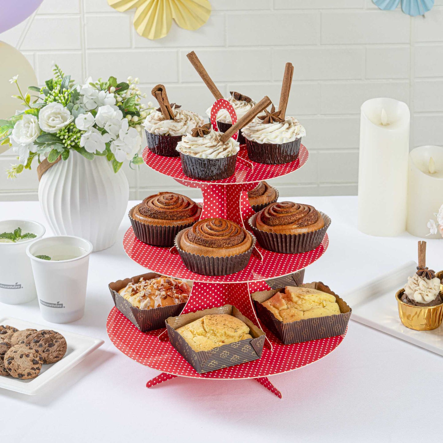 Pastry Tek Red Cardboard Cupcake Stand - 3 Tier, White Polka Dots - 13 1/2" x 13 1/2" x 14" - 1 count box
