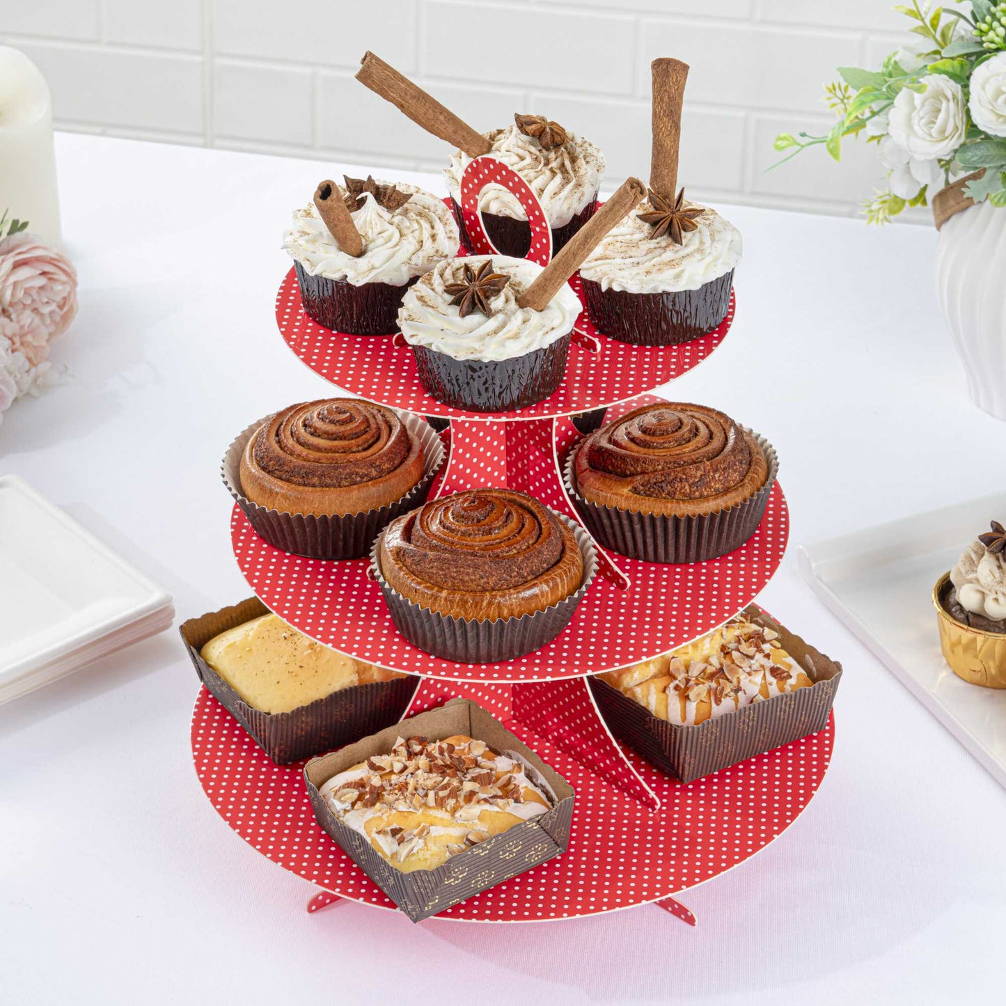 Pastry Tek Red Cardboard Cupcake Stand - 3 Tier, White Polka Dots - 13 1/2" x 13 1/2" x 14" - 1 count box