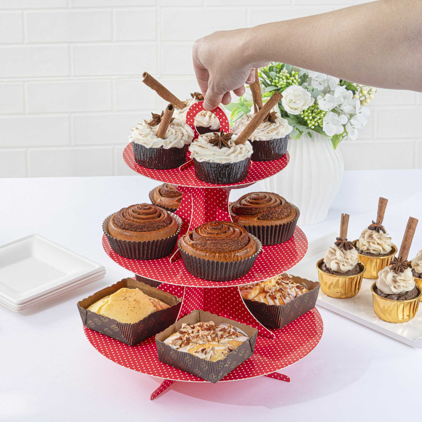 Pastry Tek Red Cardboard Cupcake Stand - 3 Tier, White Polka Dots - 13 1/2" x 13 1/2" x 14" - 1 count box
