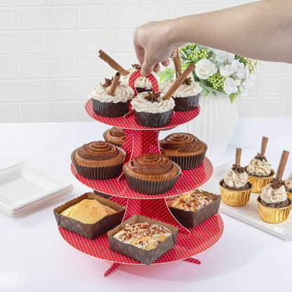 Pastry Tek Red Cardboard Cupcake Stand - 3 Tier, White Polka Dots - 13 1/2" x 13 1/2" x 14" - 1 count box