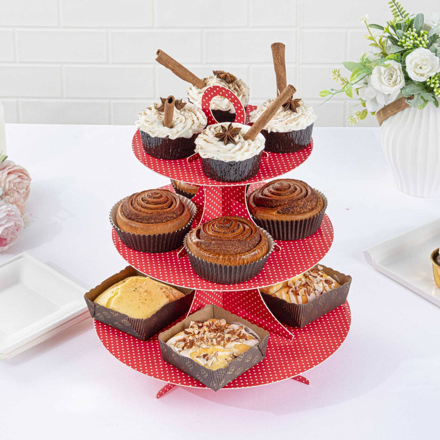 Pastry Tek Red Cardboard Cupcake Stand - 3 Tier, White Polka Dots - 13 1/2" x 13 1/2" x 14" - 1 count box