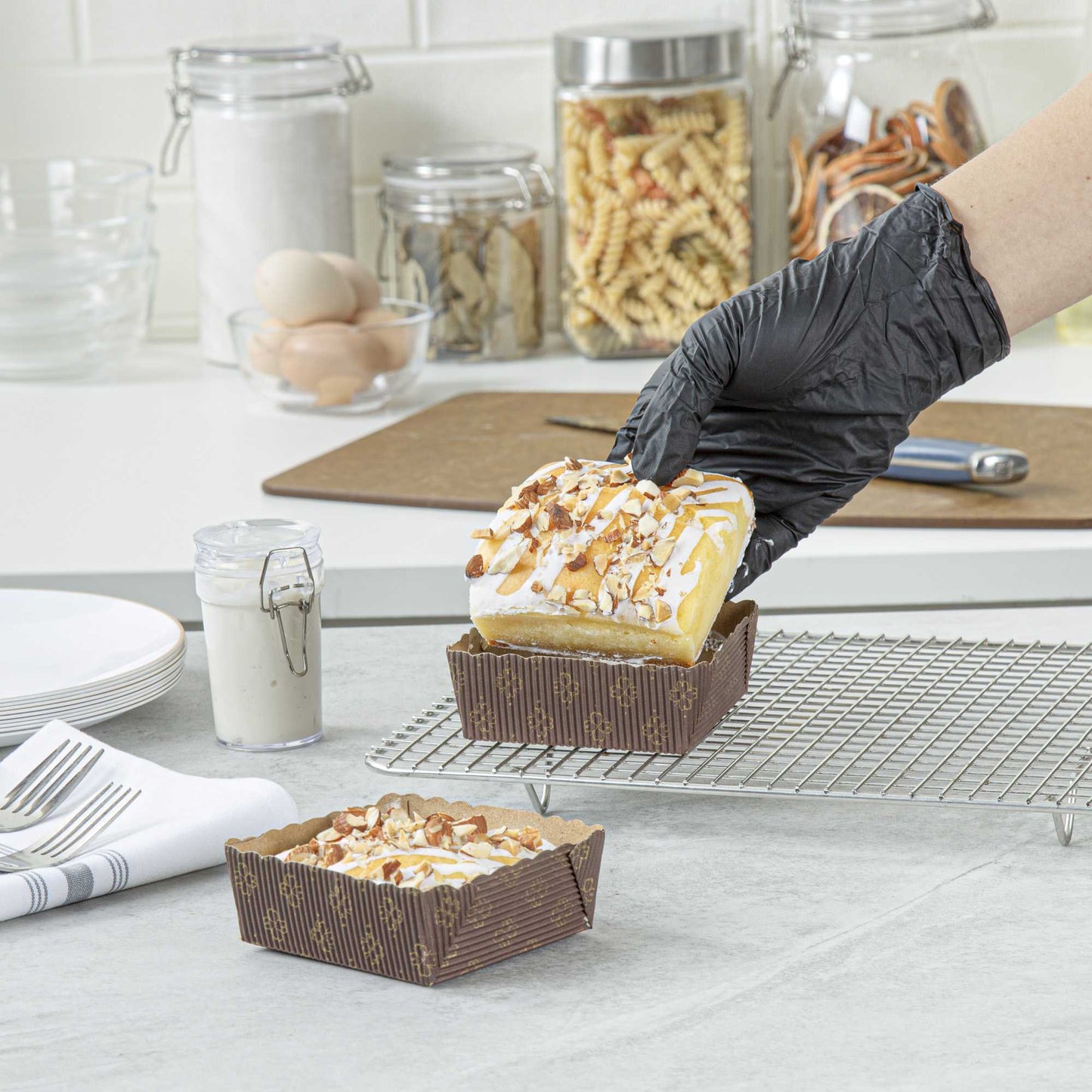 Panificio 4 oz Kraft Paper Square Baking Cup - Greaseproof, Rippled - 3" x 2 3/4" x 1 3/4" - 100 count box