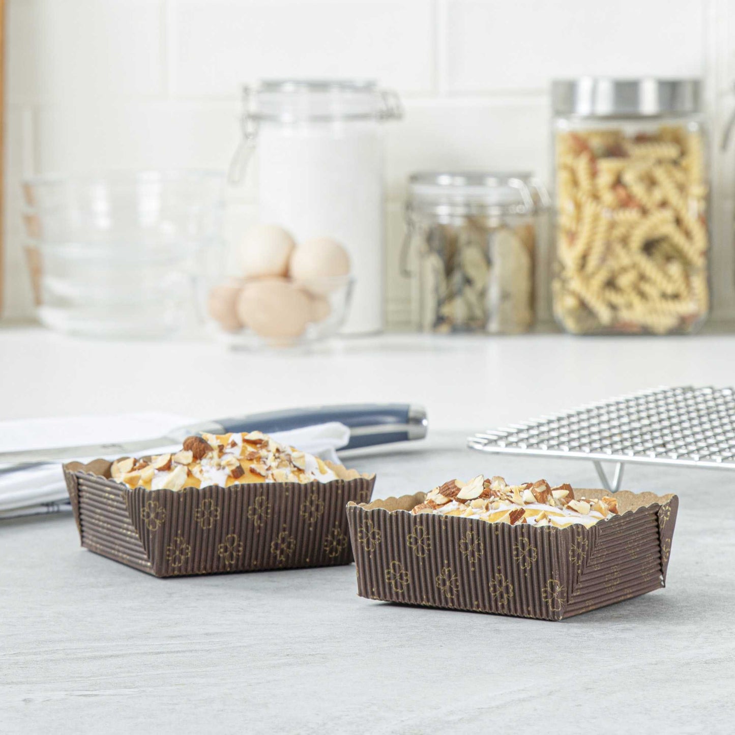 Panificio 4 oz Kraft Paper Square Baking Cup - Greaseproof, Rippled - 3" x 2 3/4" x 1 3/4" - 100 count box