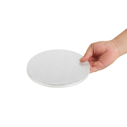 Pastry Tek Round Metallic Silver Cardboard Cake Drum Board - Covered Edge - 8" x 8" x 1/2" - 1 count box