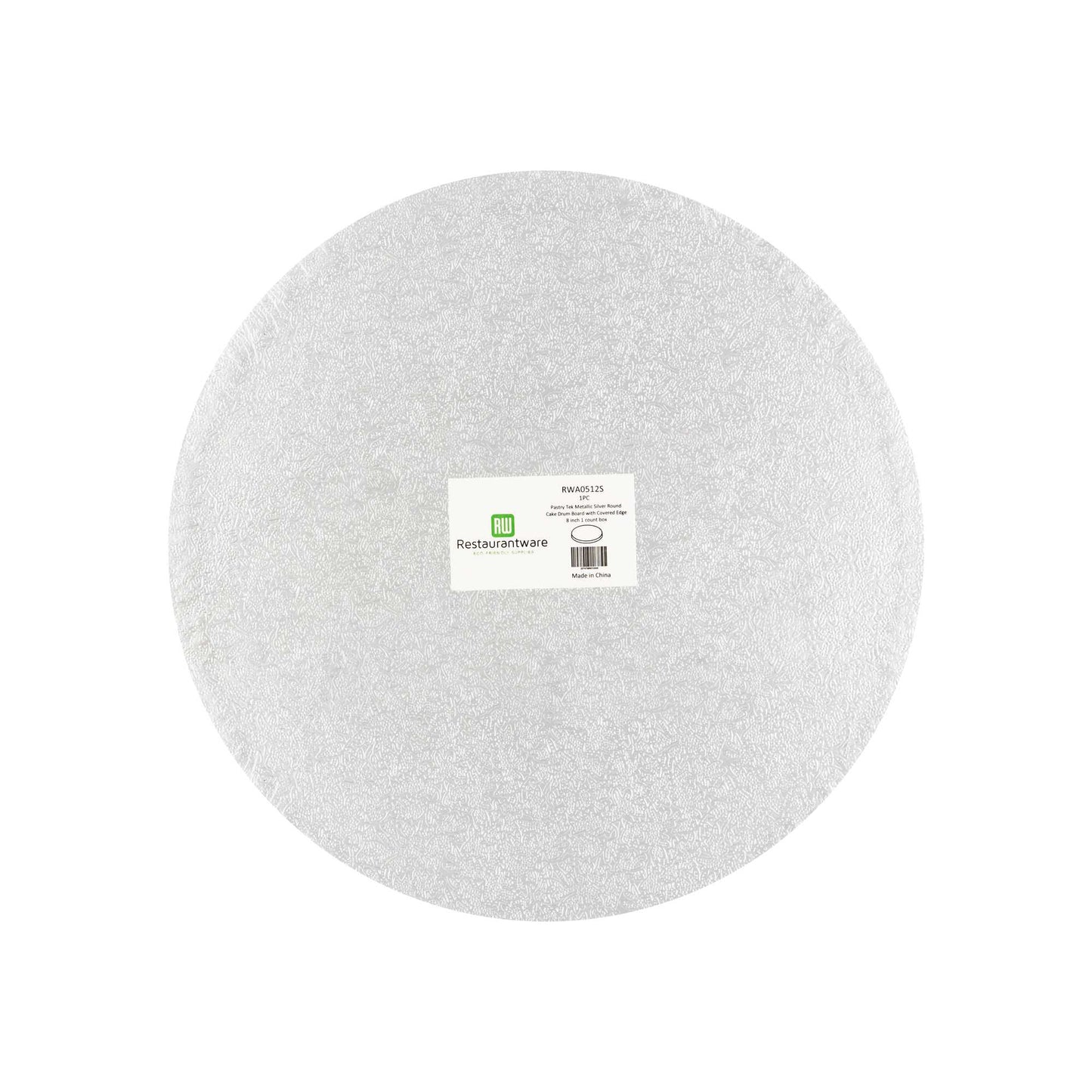Pastry Tek Round Metallic Silver Cardboard Cake Drum Board - Covered Edge - 8" x 8" x 1/2" - 1 count box