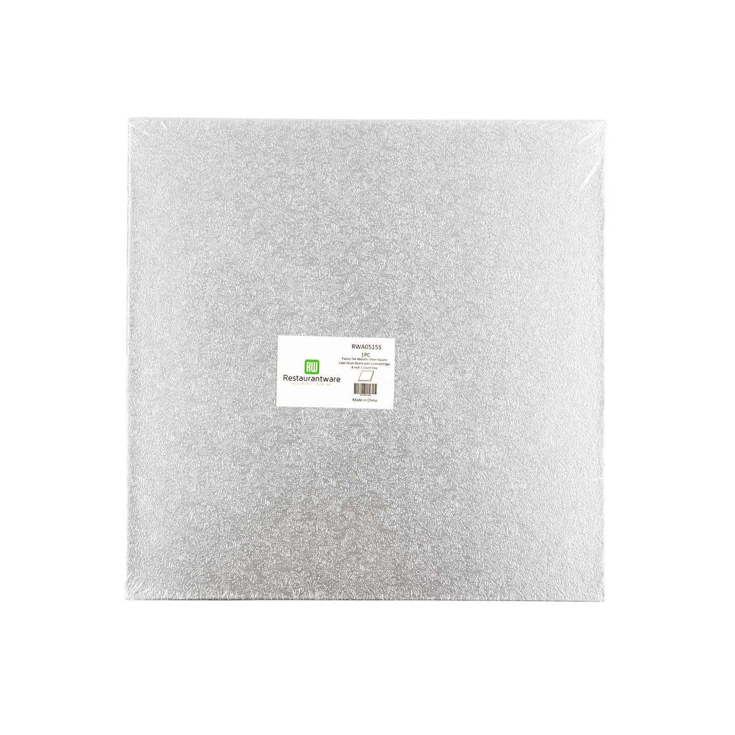Pastry Tek Square Metallic Silver Cardboard Cake Drum Board - Covered Edge - 8" x 8" x 1/2" - 1 count box