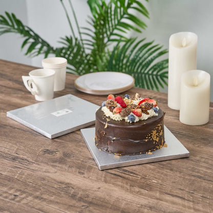 Pastry Tek Square Metallic Silver Cardboard Cake Drum Board - Covered Edge - 8" x 8" x 1/2" - 1 count box