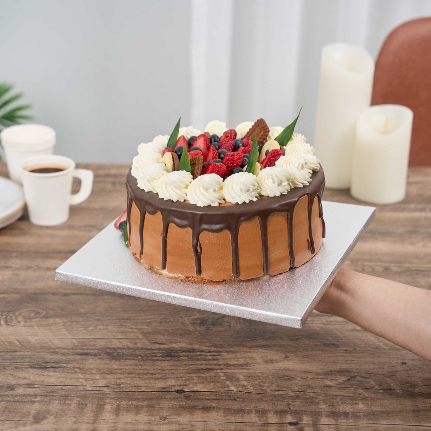 Pastry Tek Square Metallic Silver Cardboard Cake Drum Board - Covered Edge - 10" x 10" x 1/2" - 1 count box