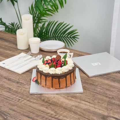Pastry Tek Square Metallic Silver Cardboard Cake Drum Board - Covered Edge - 10" x 10" x 1/2" - 1 count box
