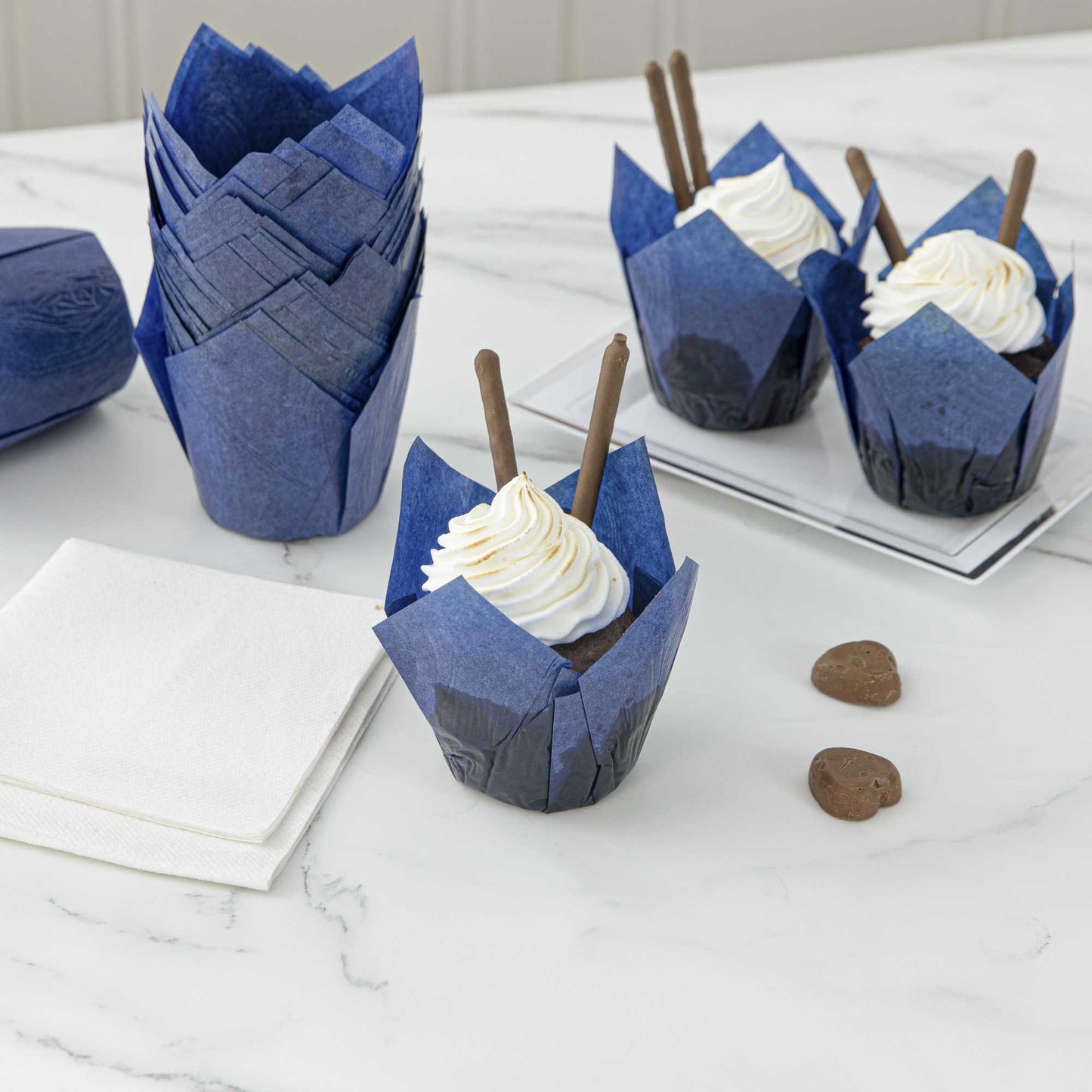 Panificio 4 oz Blue Paper Tulip Baking Cup - Greaseproof - 3 1/2" x 3 1/2" x 3 1/2" - 200 count box