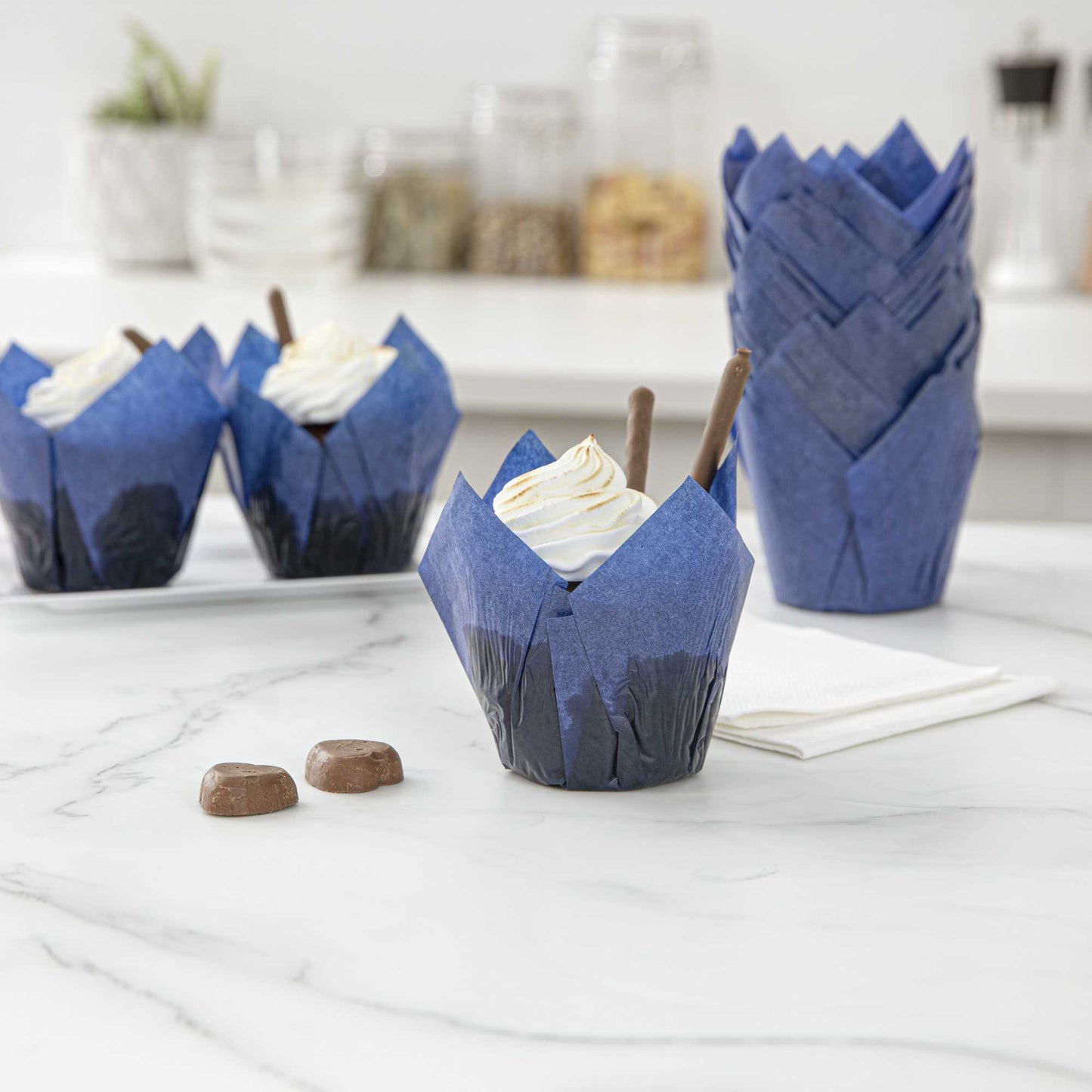 Panificio 4 oz Blue Paper Tulip Baking Cup - Greaseproof - 3 1/2" x 3 1/2" x 3 1/2" - 200 count box