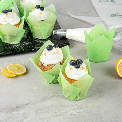 Panificio 4 oz Green Paper Tulip Baking Cup - Greaseproof - 3 1/2" x 3 1/2" x 3 1/2" - 200 count box