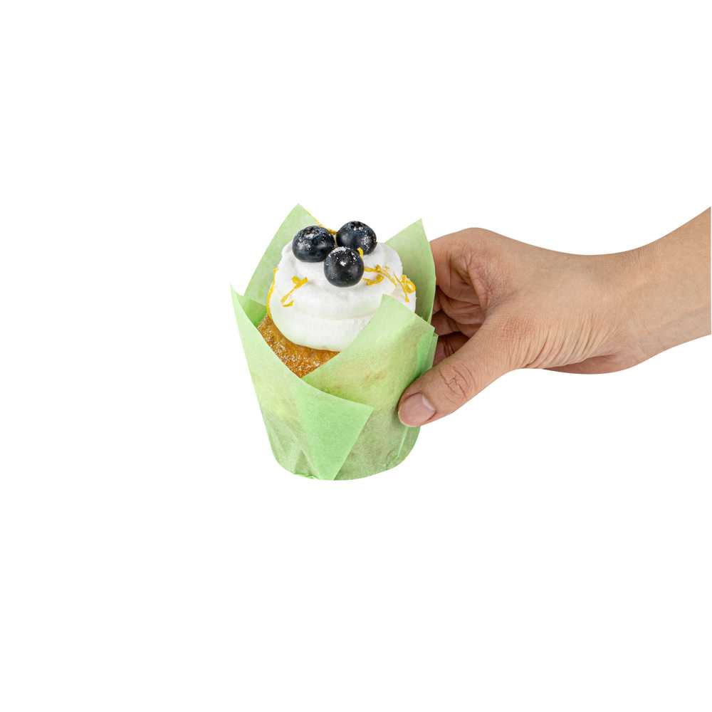 Panificio 4 oz Green Paper Tulip Baking Cup - Greaseproof - 3 1/2" x 3 1/2" x 3 1/2" - 200 count box