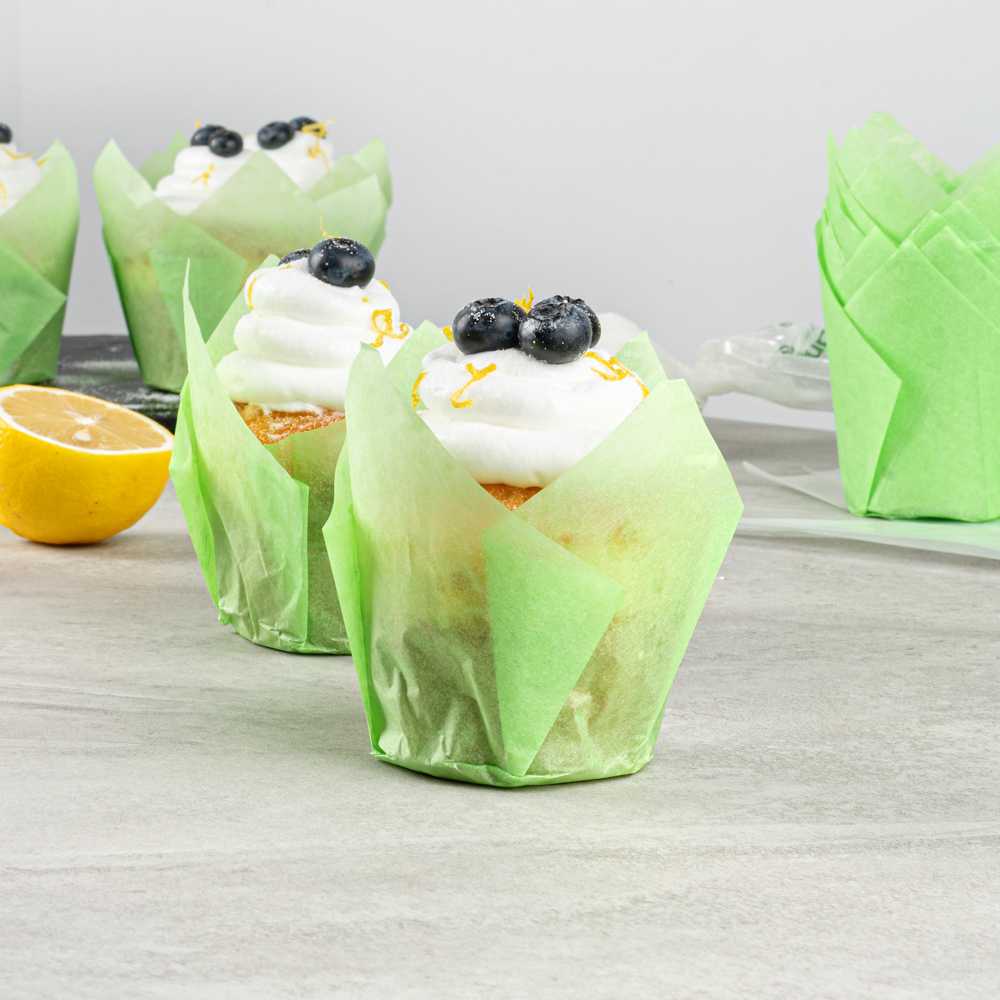 Panificio 4 oz Green Paper Tulip Baking Cup - Greaseproof - 3 1/2" x 3 1/2" x 3 1/2" - 200 count box