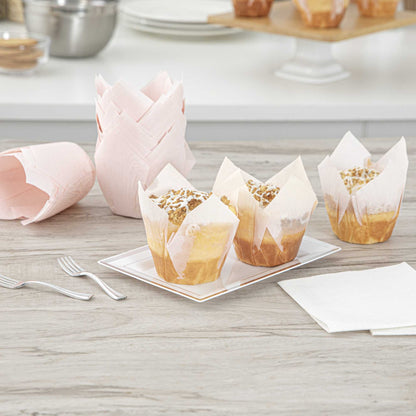 Panificio 4 oz Pink Paper Tulip Baking Cup - Greaseproof - 3 1/2" x 3 1/2" x 3 1/2" - 200 count box