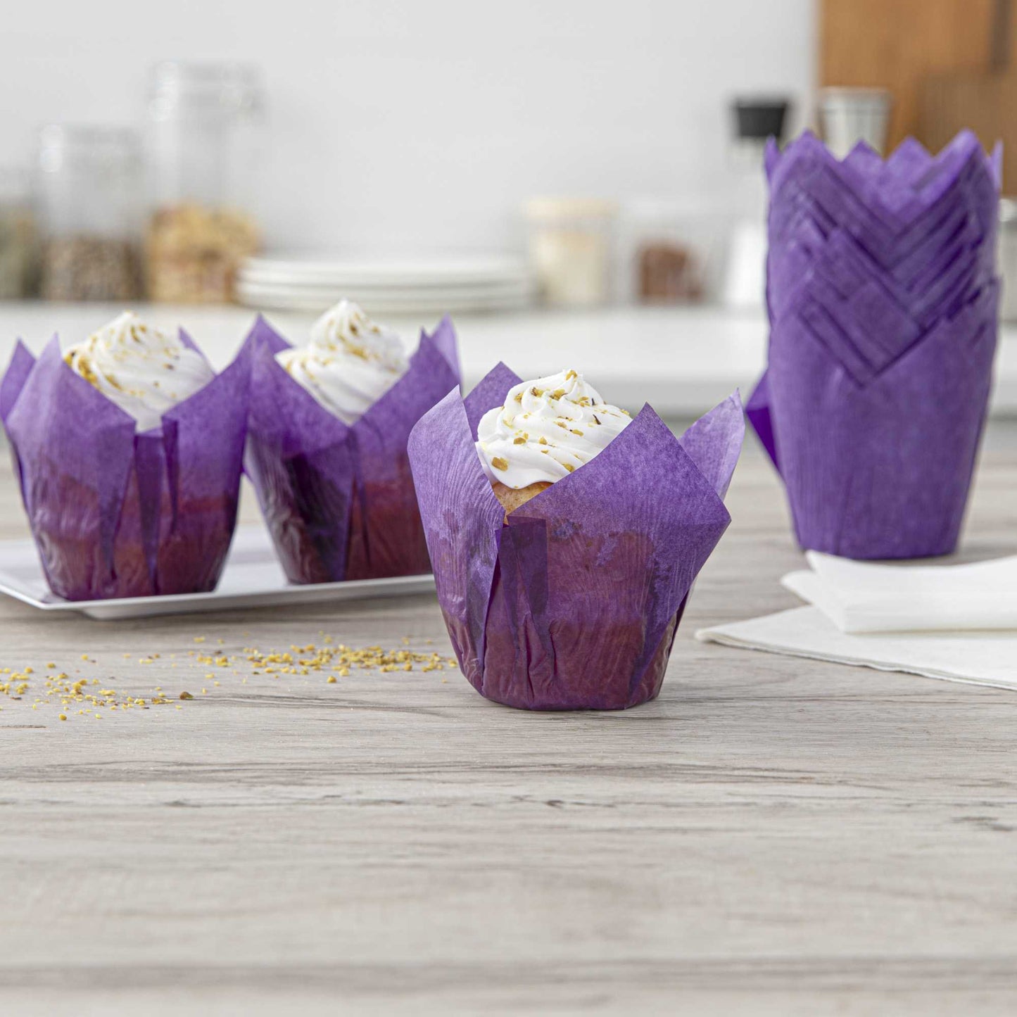 Panificio 4 oz Violet Paper Tulip Baking Cup - Greaseproof - 3 1/2" x 3 1/2" x 3 1/2" - 200 count box