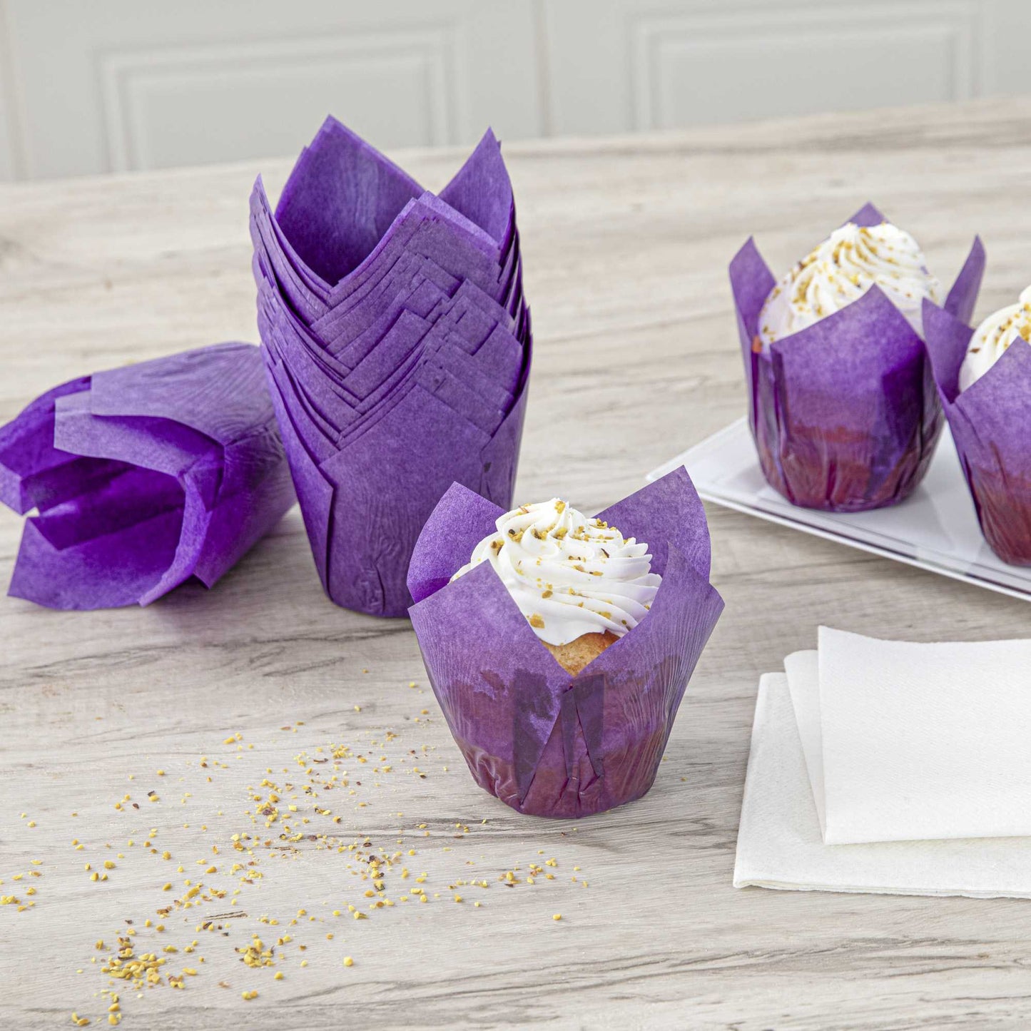 Panificio 4 oz Violet Paper Tulip Baking Cup - Greaseproof - 3 1/2" x 3 1/2" x 3 1/2" - 200 count box