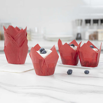Panificio 4 oz Red Paper Tulip Baking Cup - Greaseproof - 3 1/2" x 3 1/2" x 3 1/2" - 200 count box