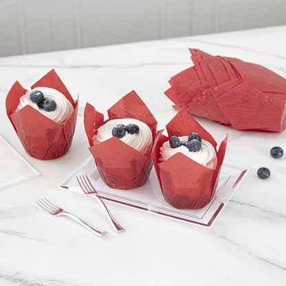 Panificio 4 oz Red Paper Tulip Baking Cup - Greaseproof - 3 1/2" x 3 1/2" x 3 1/2" - 200 count box