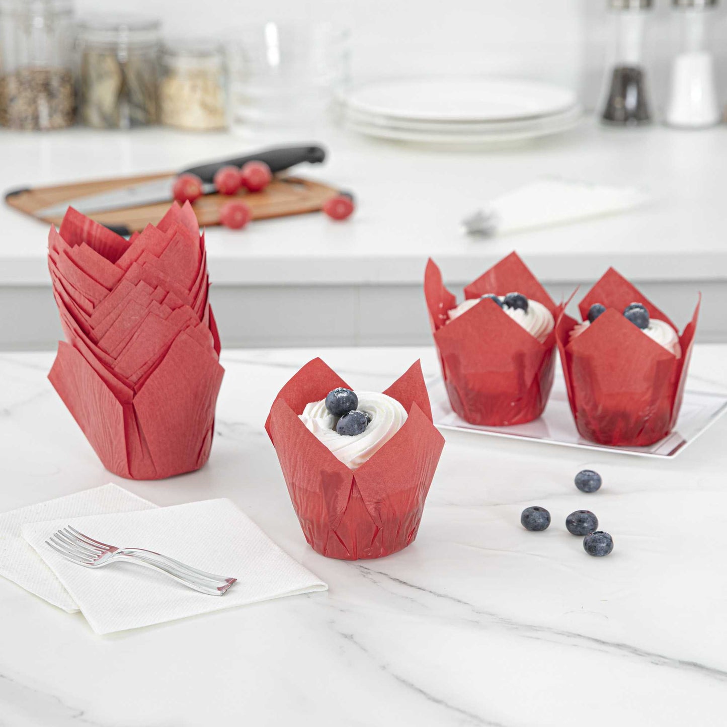 Panificio 4 oz Red Paper Tulip Baking Cup - Greaseproof - 3 1/2" x 3 1/2" x 3 1/2" - 200 count box