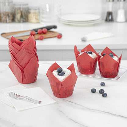 Panificio 4 oz Red Paper Tulip Baking Cup - Greaseproof - 3 1/2" x 3 1/2" x 3 1/2" - 200 count box
