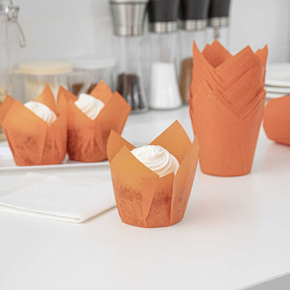 Panificio 4 oz Orange Paper Tulip Baking Cup - Greaseproof - 3 1/2" x 3 1/2" x 3 1/2" - 200 count box