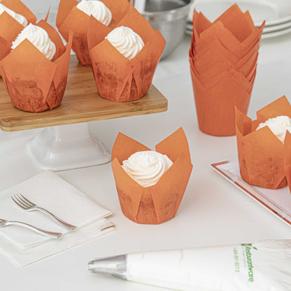 Panificio 4 oz Orange Paper Tulip Baking Cup - Greaseproof - 3 1/2" x 3 1/2" x 3 1/2" - 200 count box